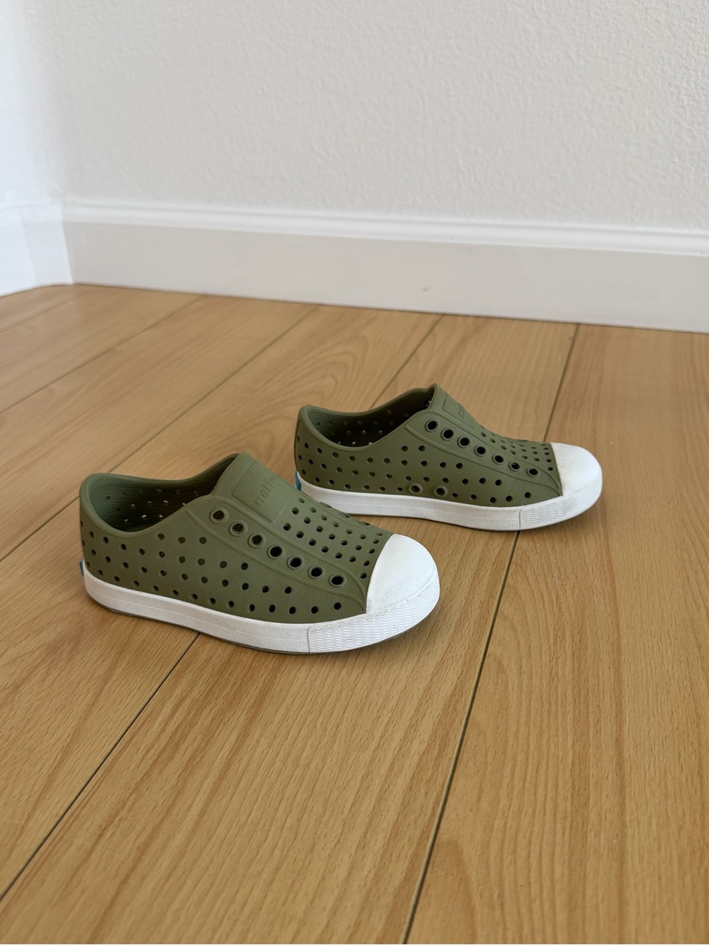 Native Shoes Toddler Olive Green Slip-On Perforated Sneakers with White Toe C9